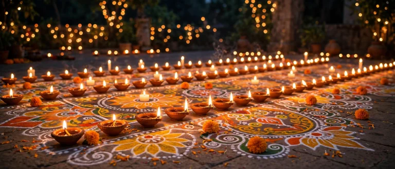 Diwali 2026 date – rows of lit diyas on rangoli